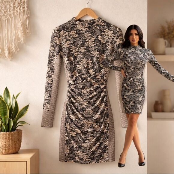 Zara Dresses & Skirts - 🛍️ Zara Black beige Patterned fitted ruched midi sweater Dress size medium large